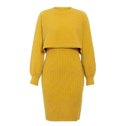 2pcs Knitted Dress Suit Fashion Solid Color Pullover Lantern-sleeved Sweater Fall Winter Women's Clothing