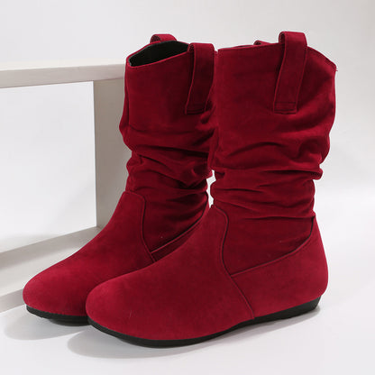 Round Toe Flat Boots Fashion Solid Color Suede Mid-calf Boot Winter Warm Shoes For Women