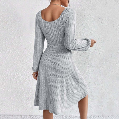 Square-neck Cinched Large Skirt Long Sleeve Dress