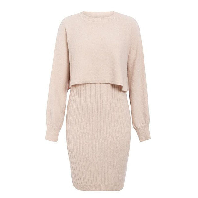 2pcs Knitted Dress Suit Fashion Solid Color Pullover Lantern-sleeved Sweater Fall Winter Women's Clothing