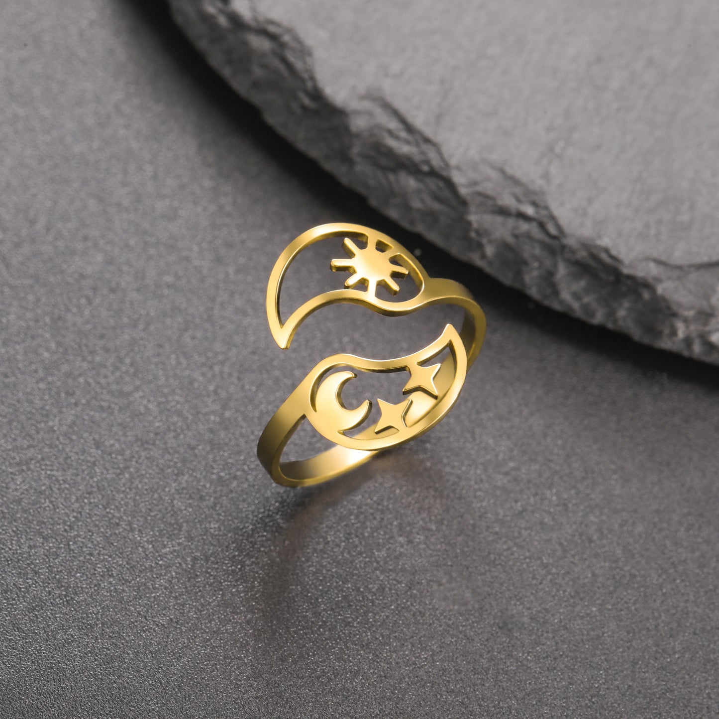 Simple Sun And Moon Opening 18K Real Gold Plated Ring