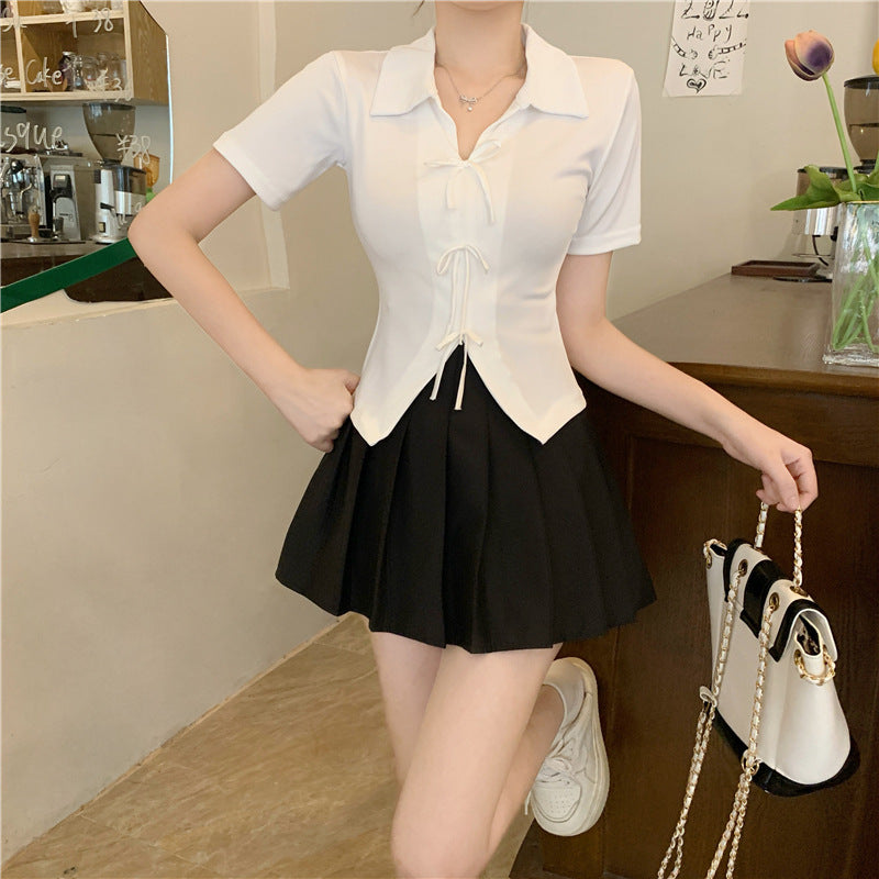 Hot Girl Design Chic Polo Collar Short Sleeve T-shirt