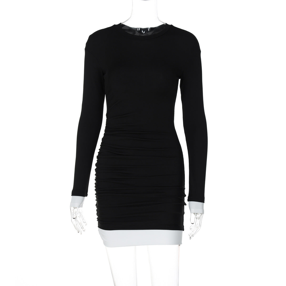 Women's Fashion Round Neck Long Sleeve Color Matching Pleated Dress