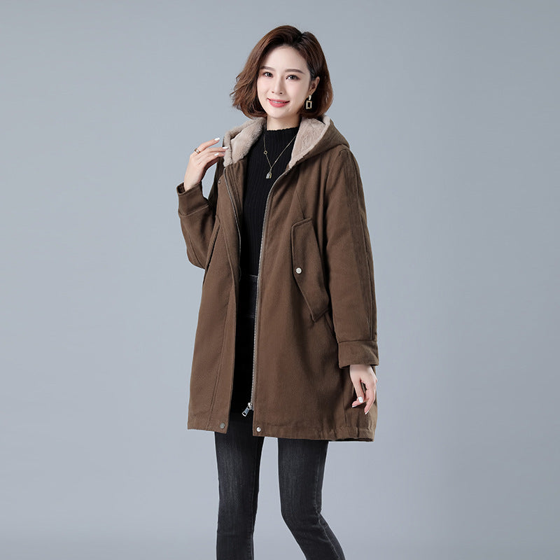 Fleece-lined Thick Hooded Parka Mid-length Long Sleeve Zipper