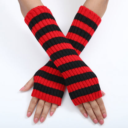 Warm Fashionable Knitted Long Mixed Color Stripe Knitting Wool Gloves