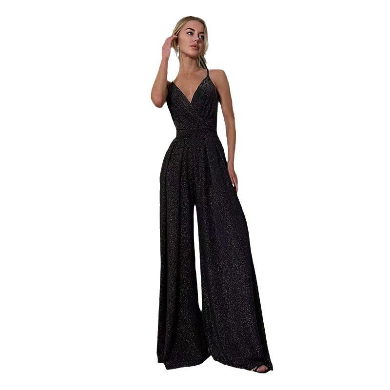 Women's Sleeveless V-neck Brace Skinny Sheath Backless Wide Leg Jumpsuit