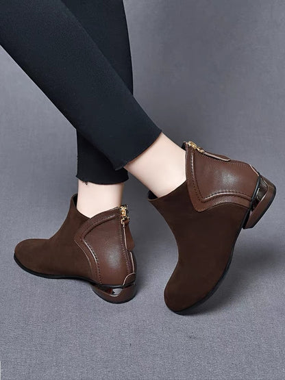 Soft Leather And Velvet Frosted Round Toe Low Heel Ankle Boots