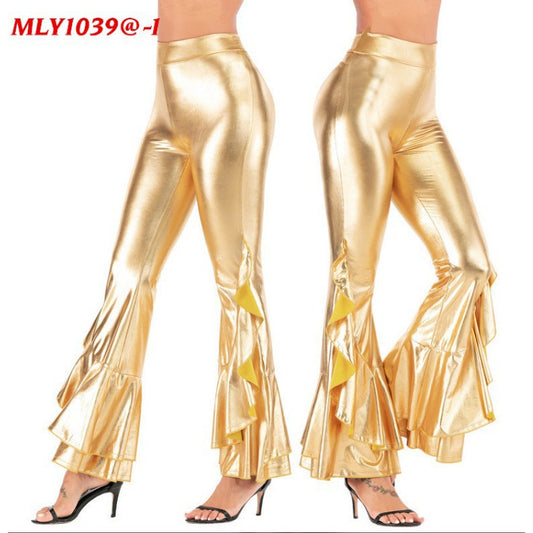 Women's Bright Slim-fit Imitation Leather Irregular Bell-bottom Pants