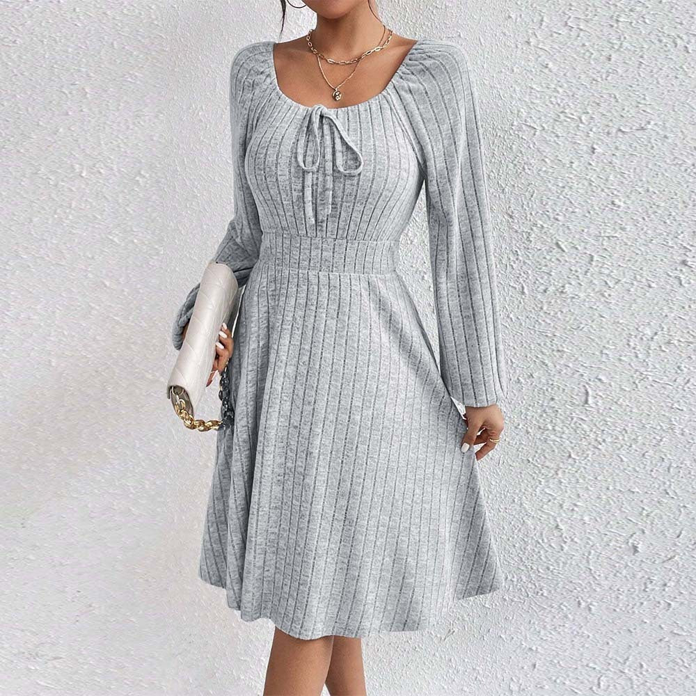 Square-neck Cinched Large Skirt Long Sleeve Dress