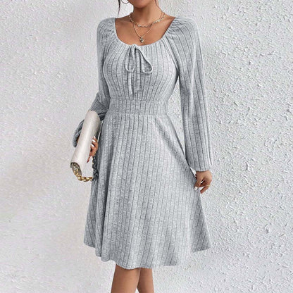 Square-neck Cinched Large Skirt Long Sleeve Dress