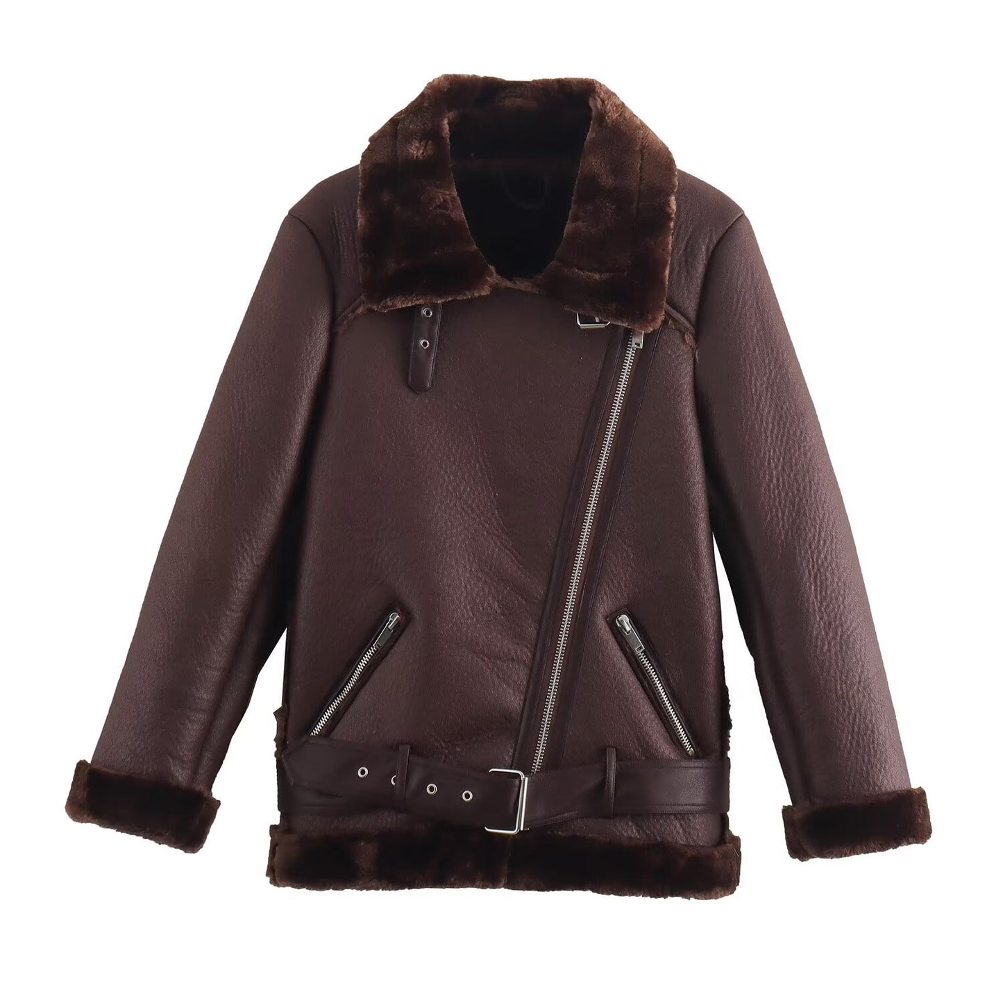 Luxurious Women's Fur-Integrated Leather Coat - Elegant and Warm