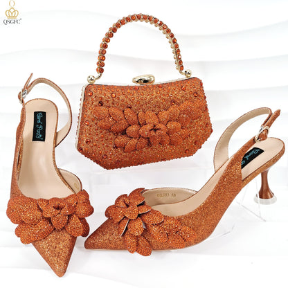 Cross-border Ladies Party Shoes Bag Set Handmade Leaf Decorative Wine Glass Heel