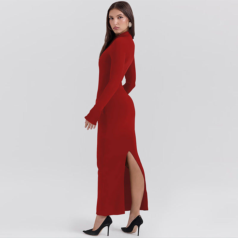 Women's Fashion Half-high Collar Long Sleeves Long Dress