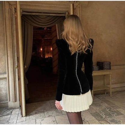 Women's Color Block Pleated Velvet Long Sleeve Dress