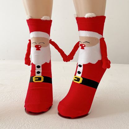 Christmas Magnetic Socks Cute Elk Santa Claus Snowman Hand-holding Socks For Couple