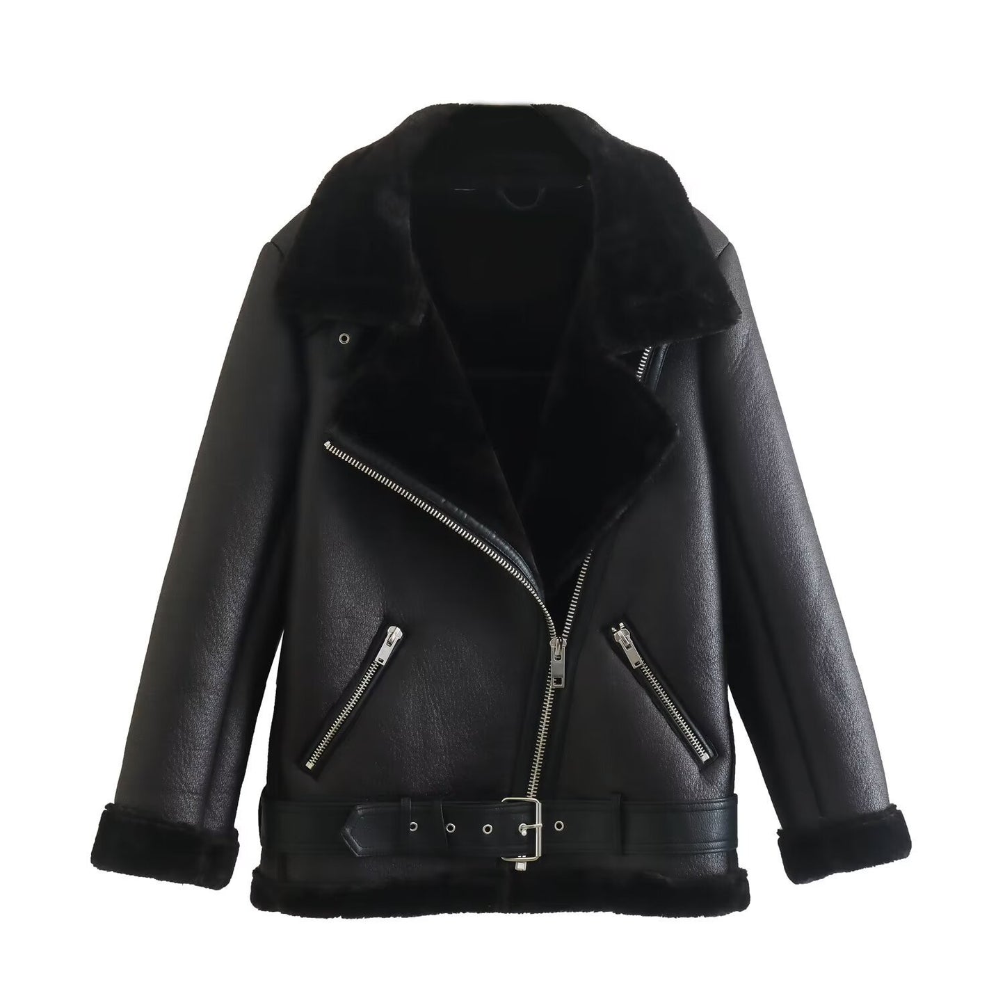 Luxurious Women's Fur-Integrated Leather Coat - Elegant and Warm