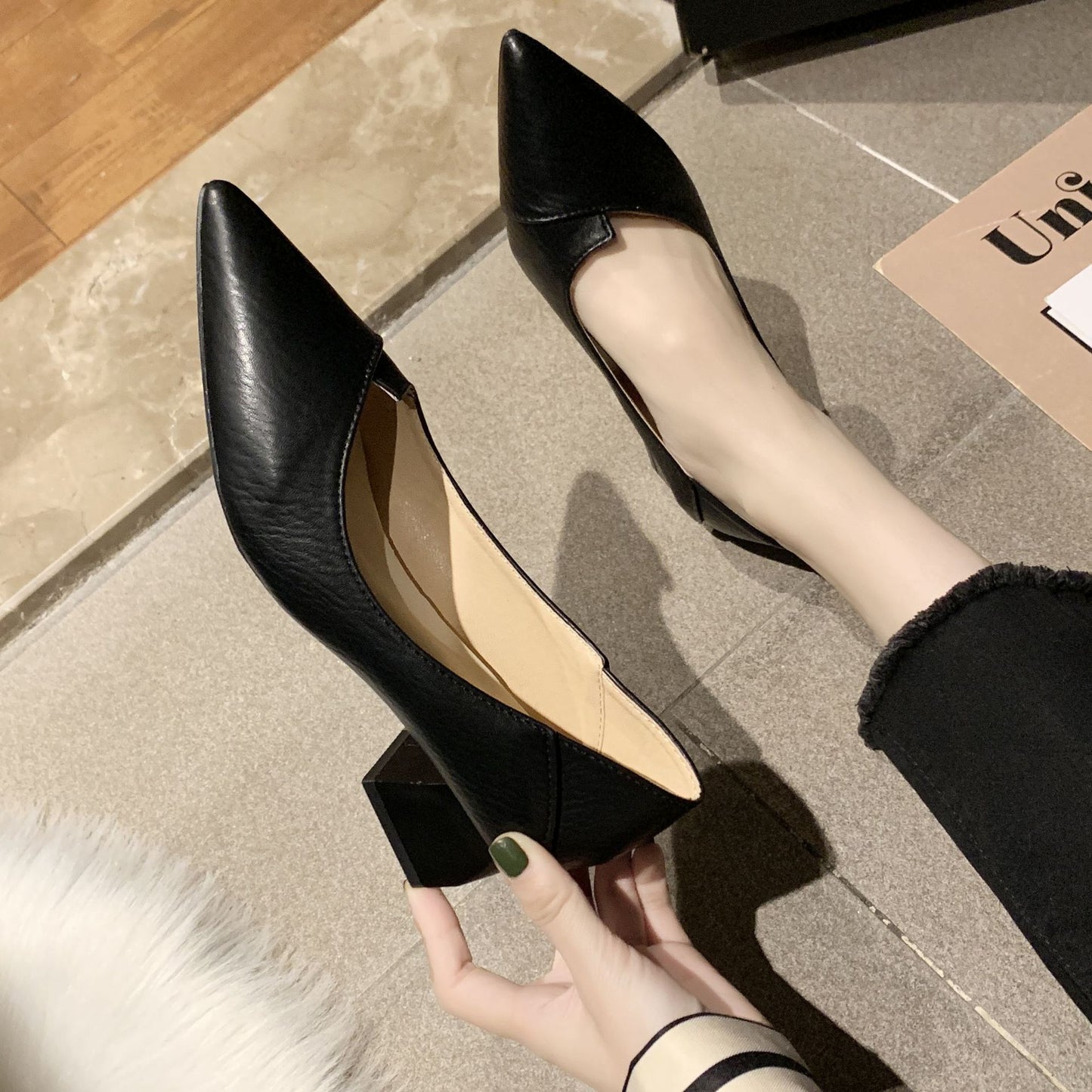 Chunky Heel Low-cut High Heel Pumps Women Pointed Toe