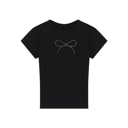 Summer American Hot Girl Short-sleeved T-shirt Navel Black Bow