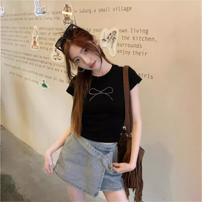 Summer American Hot Girl Short-sleeved T-shirt Navel Black Bow