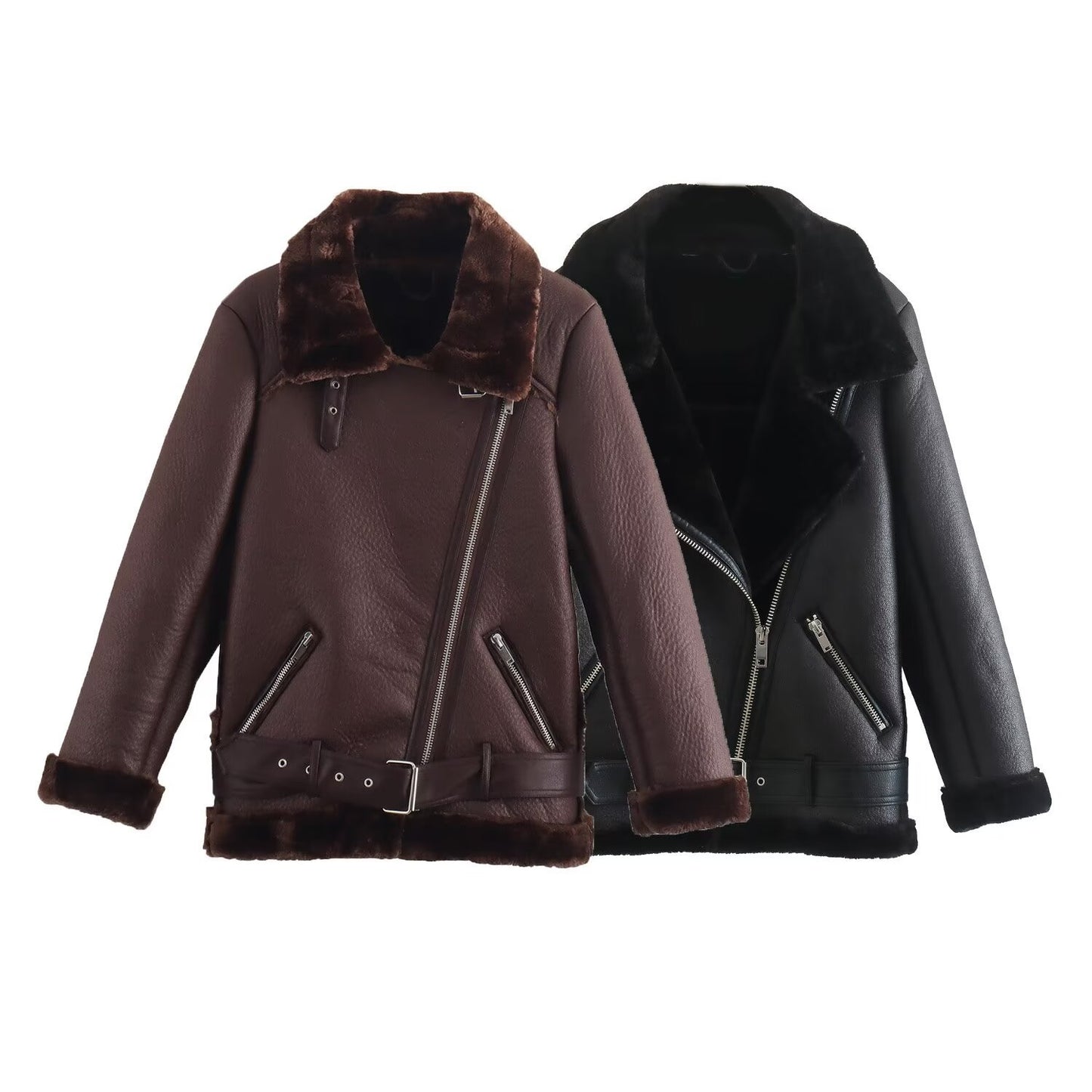 Luxurious Women's Fur-Integrated Leather Coat - Elegant and Warm