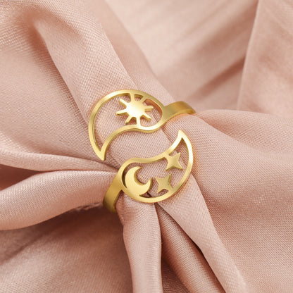 Simple Sun And Moon Opening 18K Real Gold Plated Ring