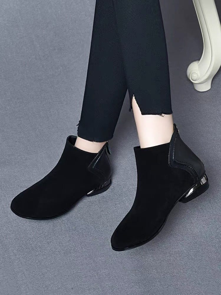 Soft Leather And Velvet Frosted Round Toe Low Heel Ankle Boots