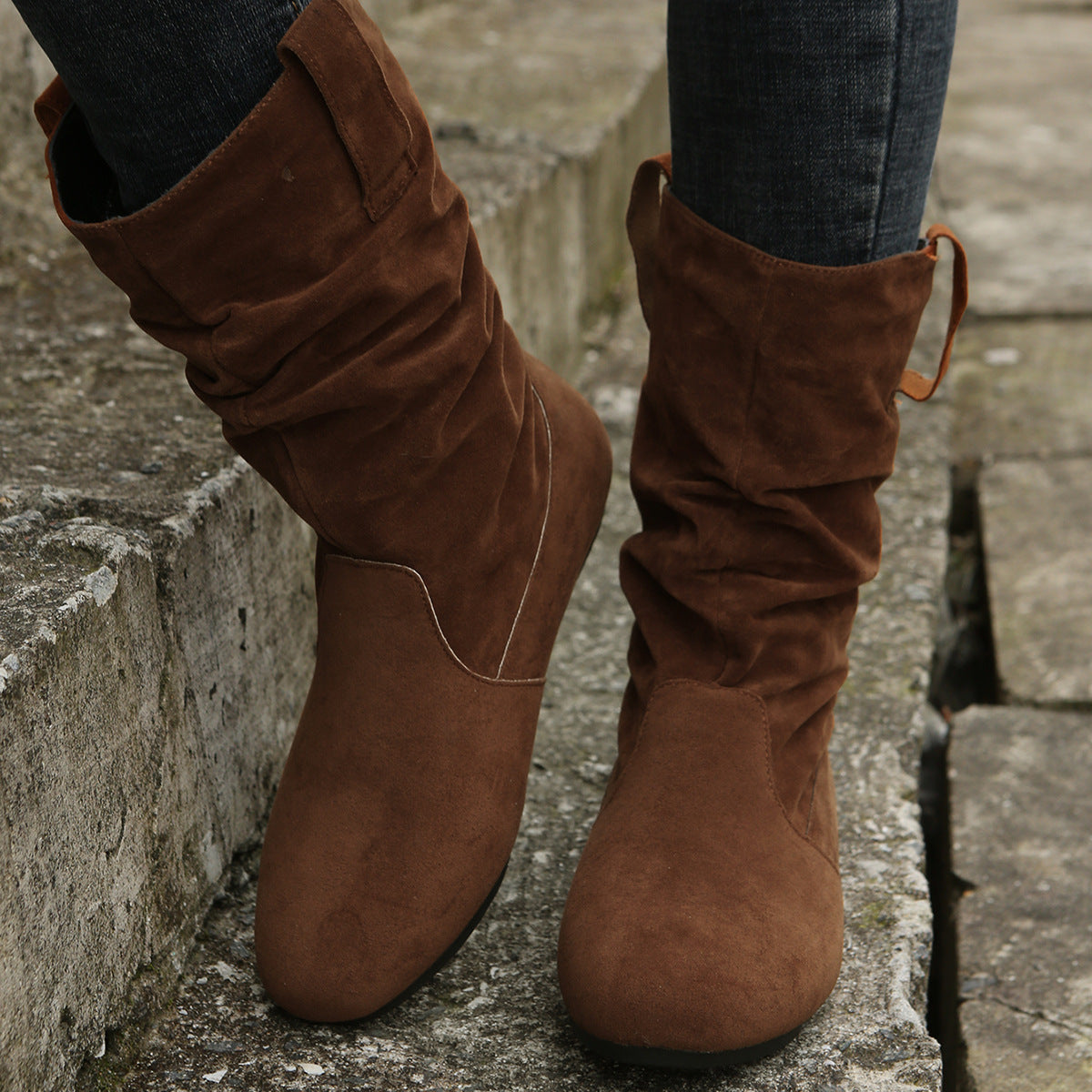 Round Toe Flat Boots Fashion Solid Color Suede Mid-calf Boot Winter Warm Shoes For Women