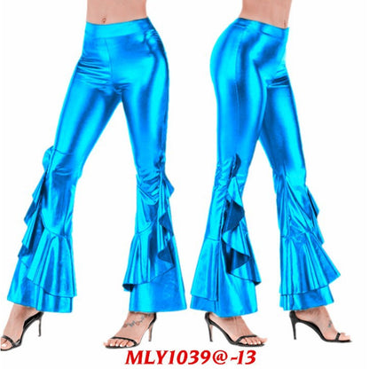 Women's Bright Slim-fit Imitation Leather Irregular Bell-bottom Pants