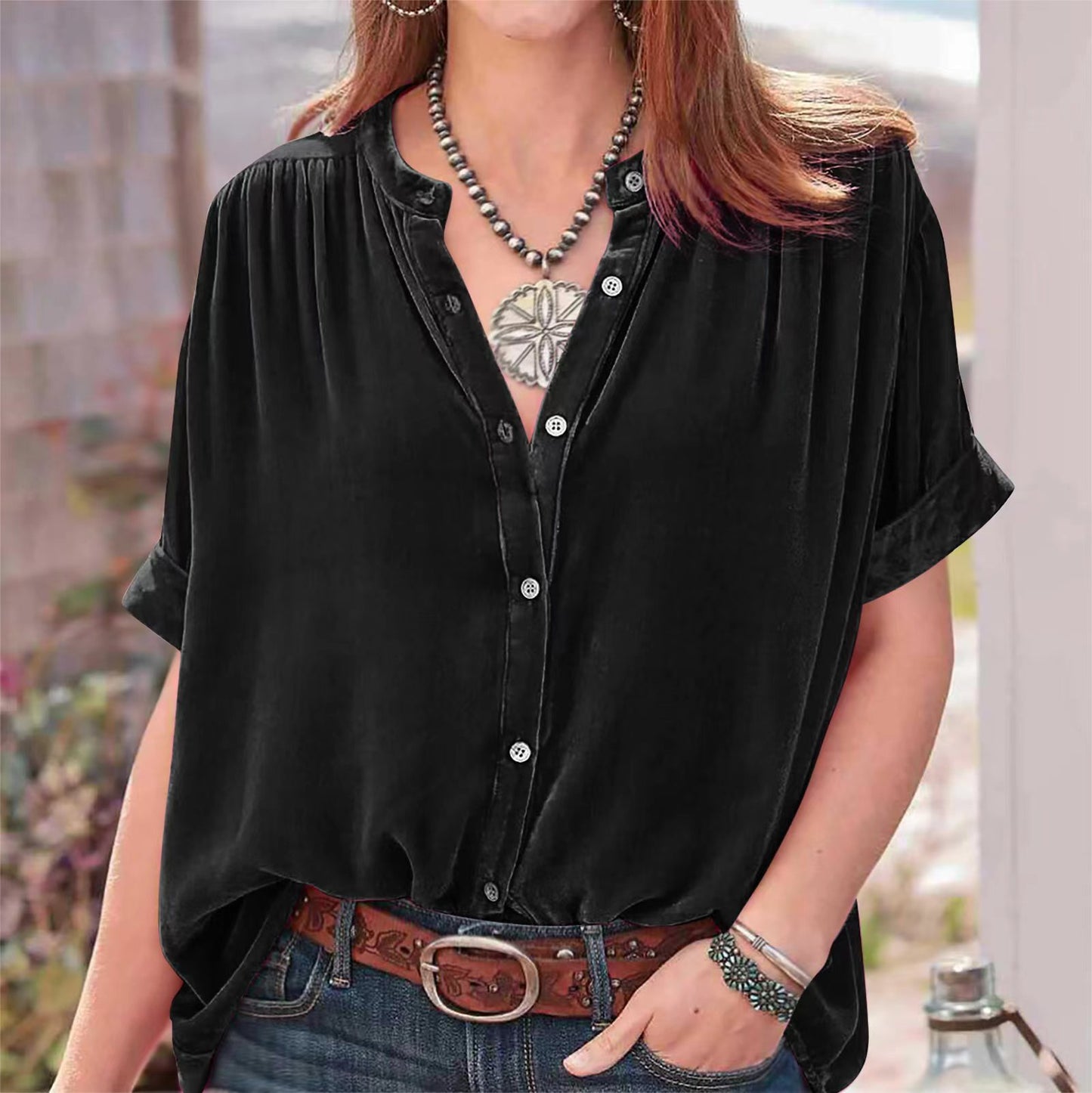 Women's Solid Color Short-sleeved Round Neck Shirt