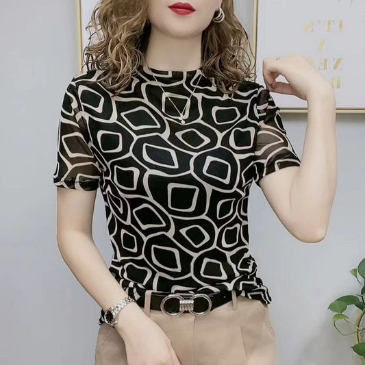 Double Layer Mesh Floral Print T-shirt Stretch