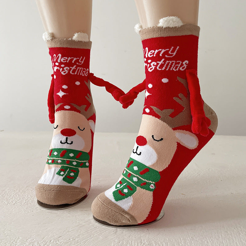 Christmas Magnetic Socks Cute Elk Santa Claus Snowman Hand-holding Socks For Couple