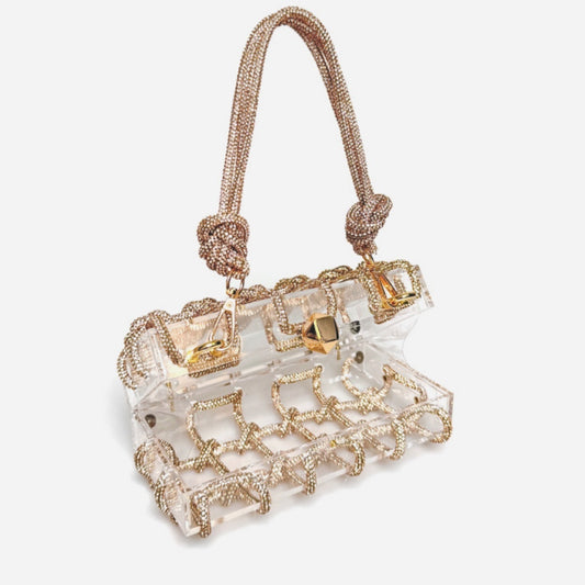 French Sweet Shiny Rhinestone Banquet Small Square Bag