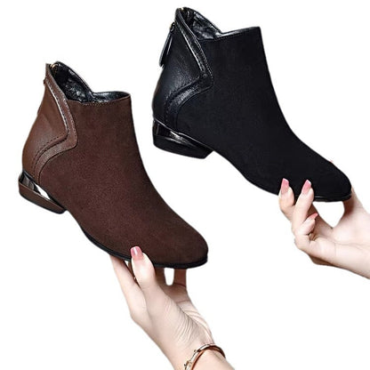 Soft Leather And Velvet Frosted Round Toe Low Heel Ankle Boots