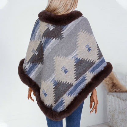 Women's Pullover Fur Collar Geometric Pattern Knitted Inverness Sweater