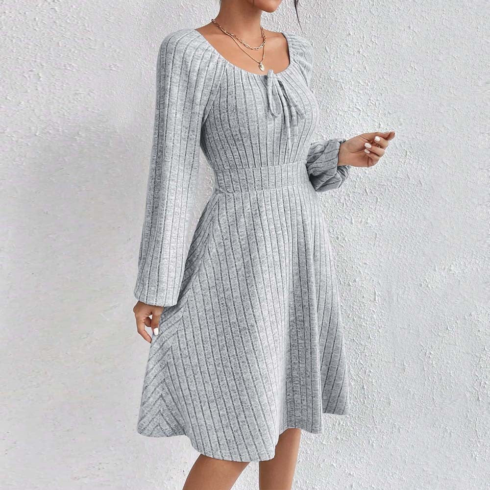 Square-neck Cinched Large Skirt Long Sleeve Dress