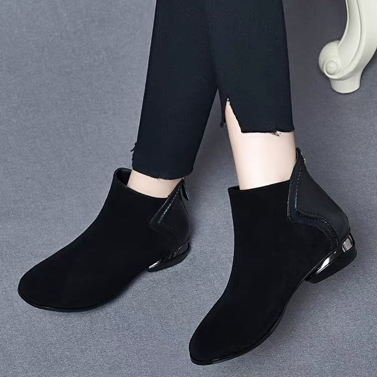 Soft Leather And Velvet Frosted Round Toe Low Heel Ankle Boots