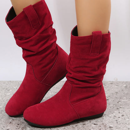 Round Toe Flat Boots Fashion Solid Color Suede Mid-calf Boot Winter Warm Shoes For Women