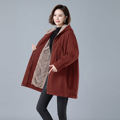 Fleece-lined Thick Hooded Parka Mid-length Long Sleeve Zipper