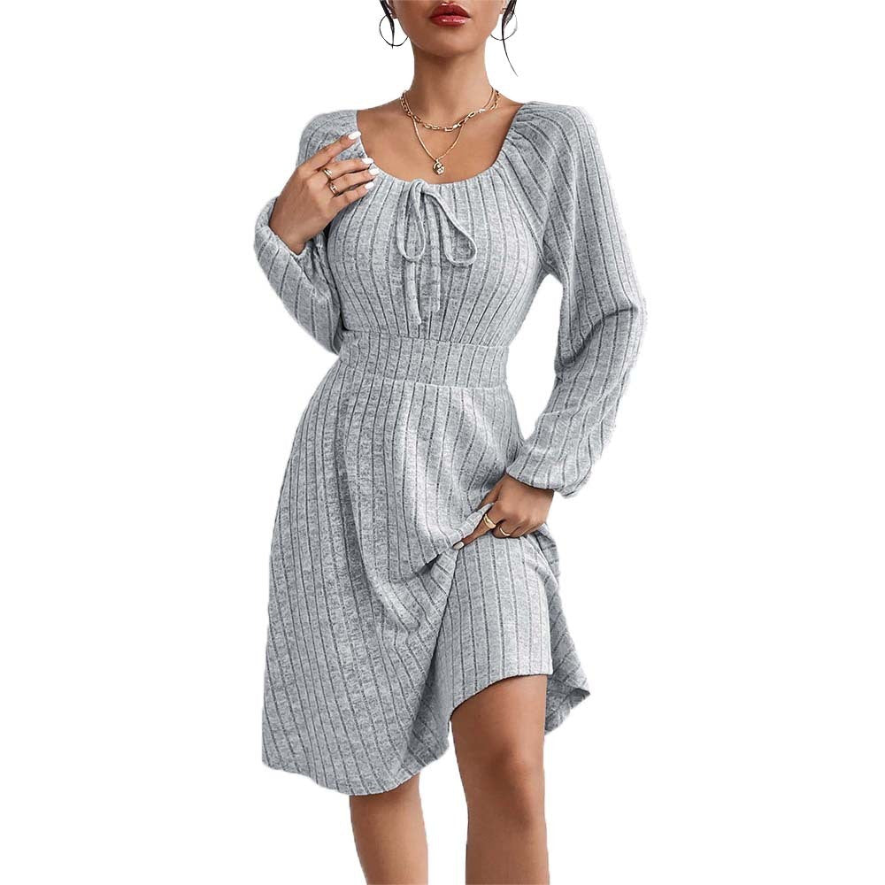 Square-neck Cinched Large Skirt Long Sleeve Dress