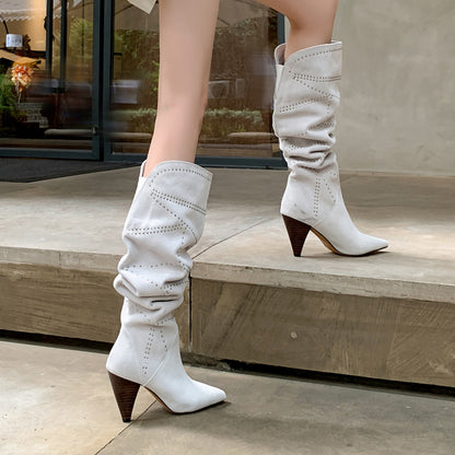 Pointed Cone-shaped Heel Rivet High Leg Boot