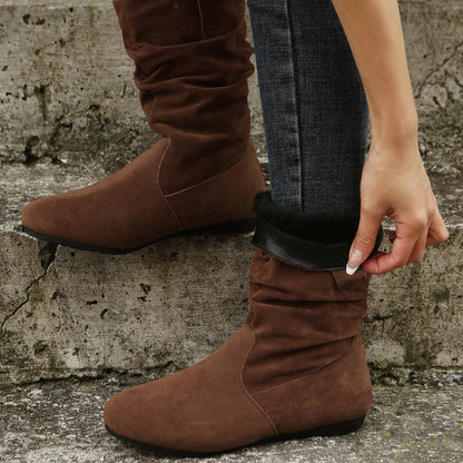 Round Toe Flat Boots Fashion Solid Color Suede Mid-calf Boot Winter Warm Shoes For Women