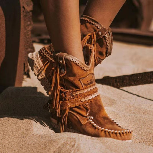 Autumn And Winter New Tassel Burning Flower Women's Boots